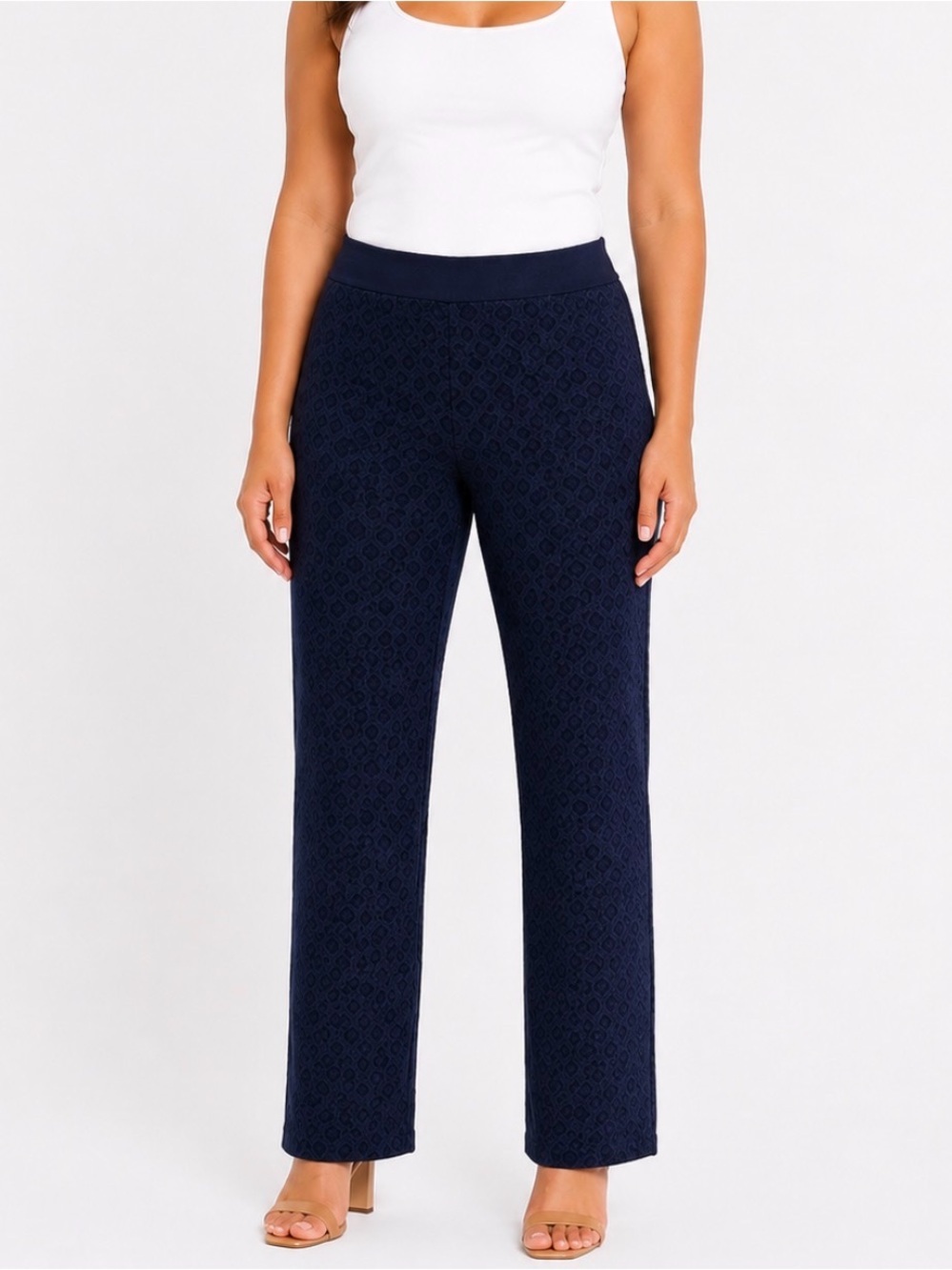 Roz & Ali pants geometric print Textured Navy Wide-Leg Pants stretch pull on 14